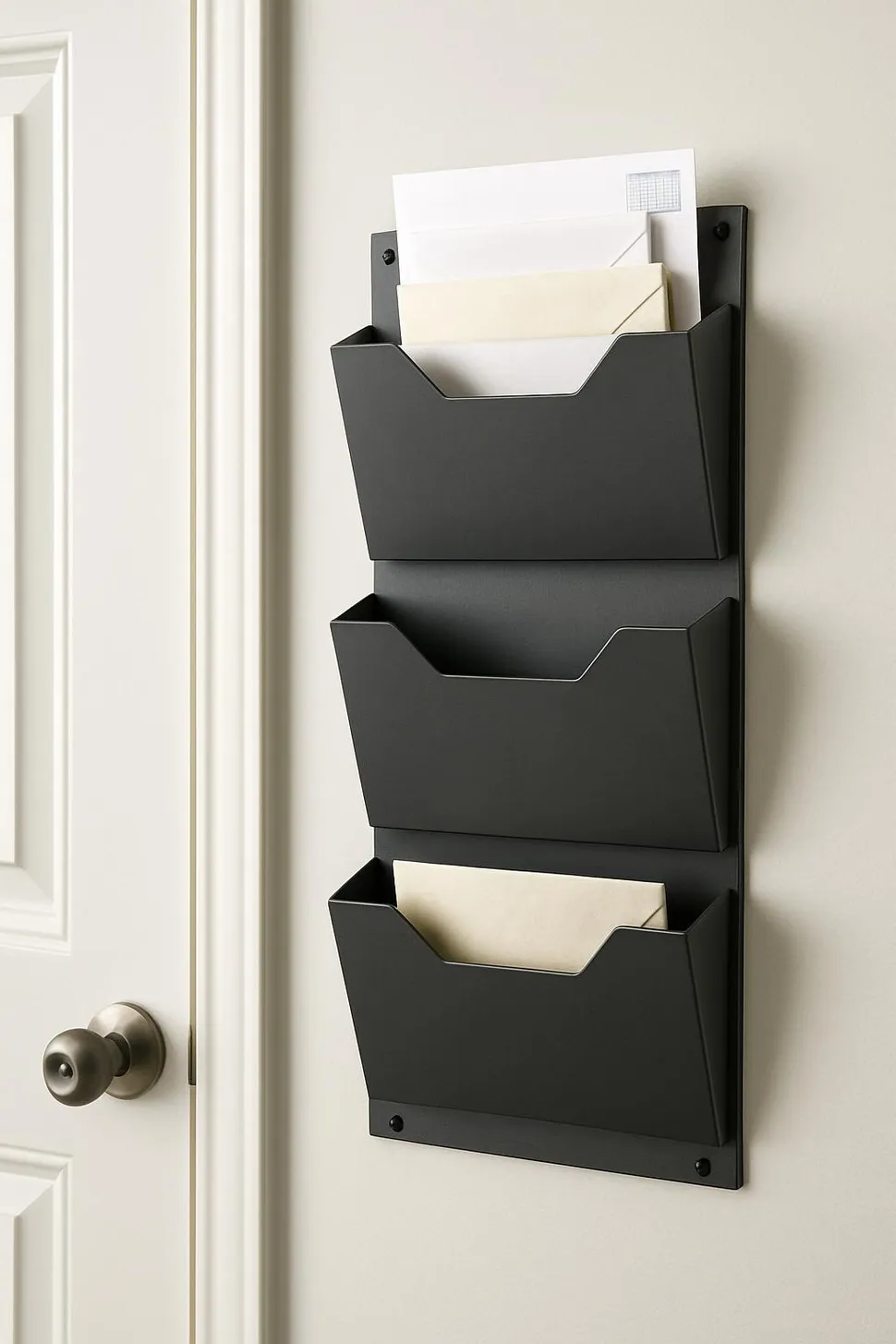 3-slot mail organizer mounted near the door