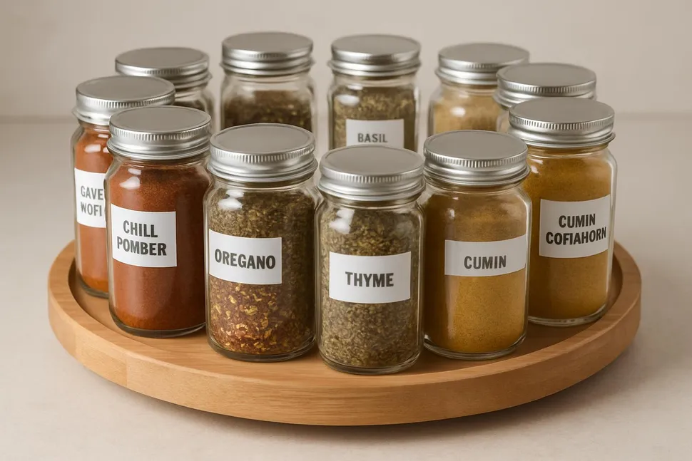 A 12-inch lazy susan loaded with spices, grouped by cuisine