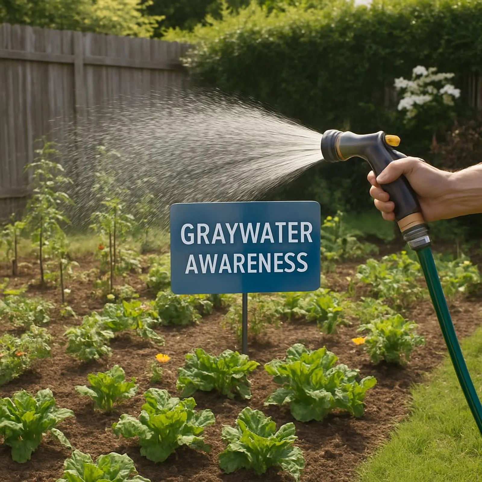 A backyard garden being watered with a hose, symbolizing graywater awareness.