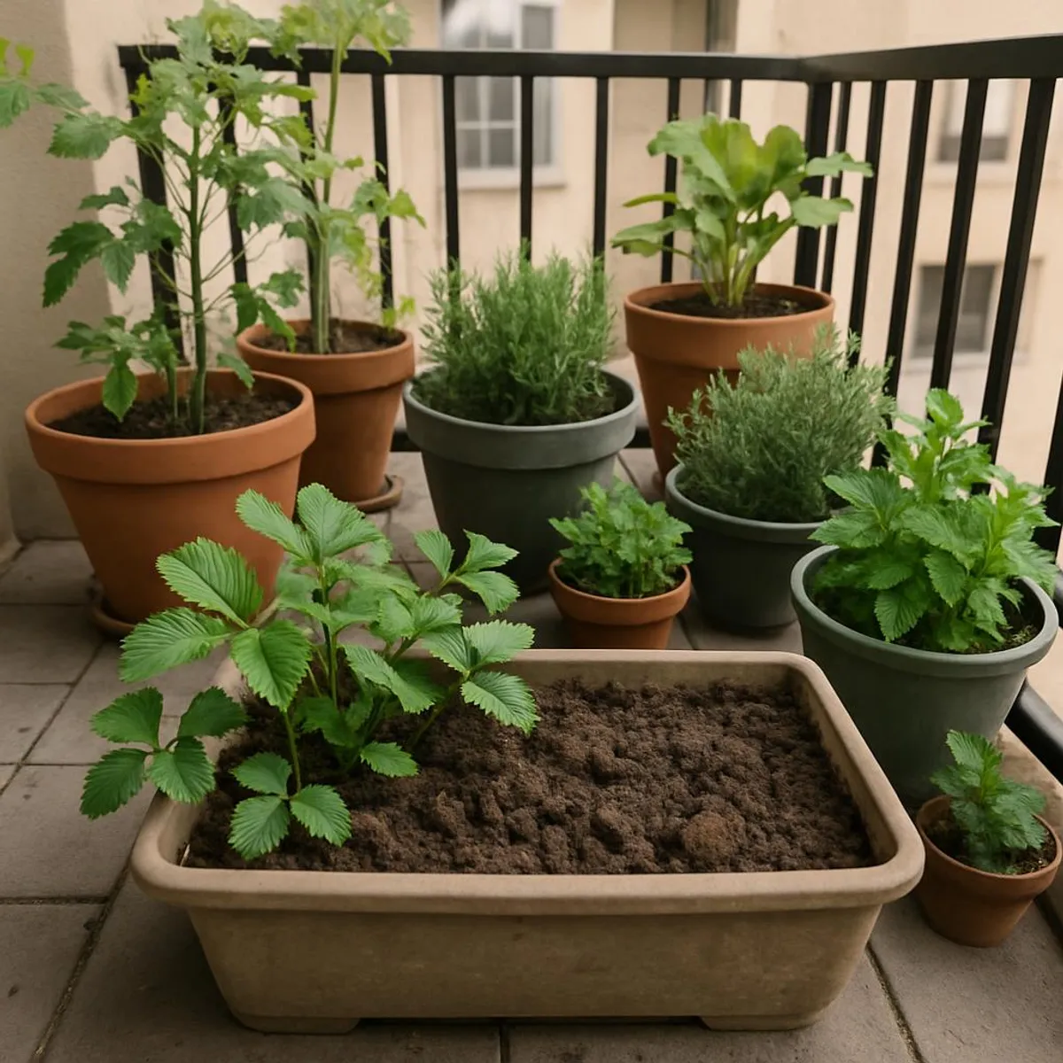 A balcony container garden that could benefit from bokashi-enriched soil