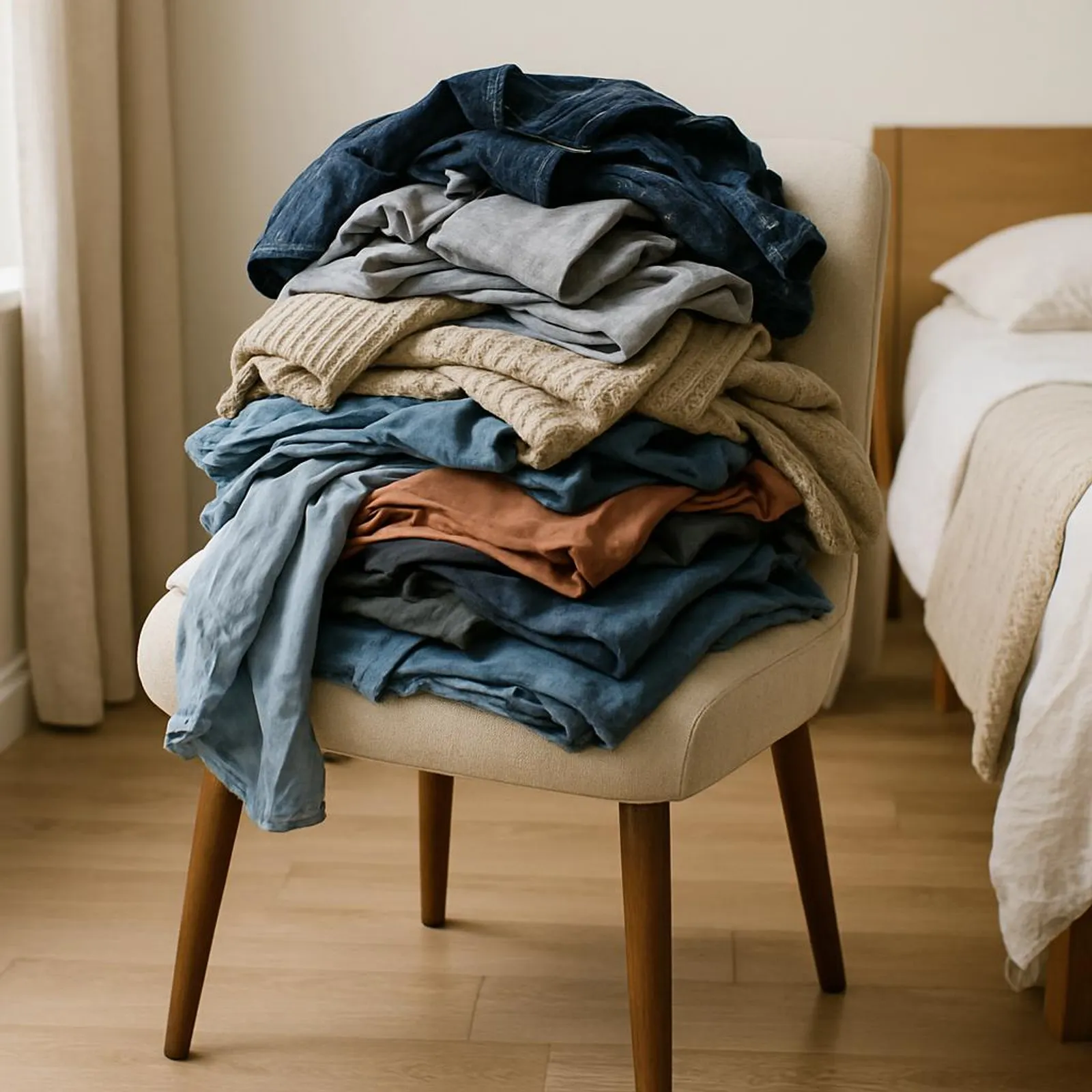 A bedroom chair piled with clothes in need of a serious declutter.