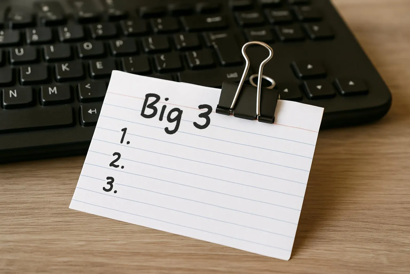A big 3 list written on an index card clipped near a workspace keyboard.