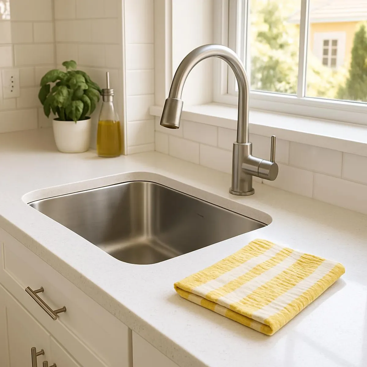 A bright kitchen counter with a reusable cloth beside the sink