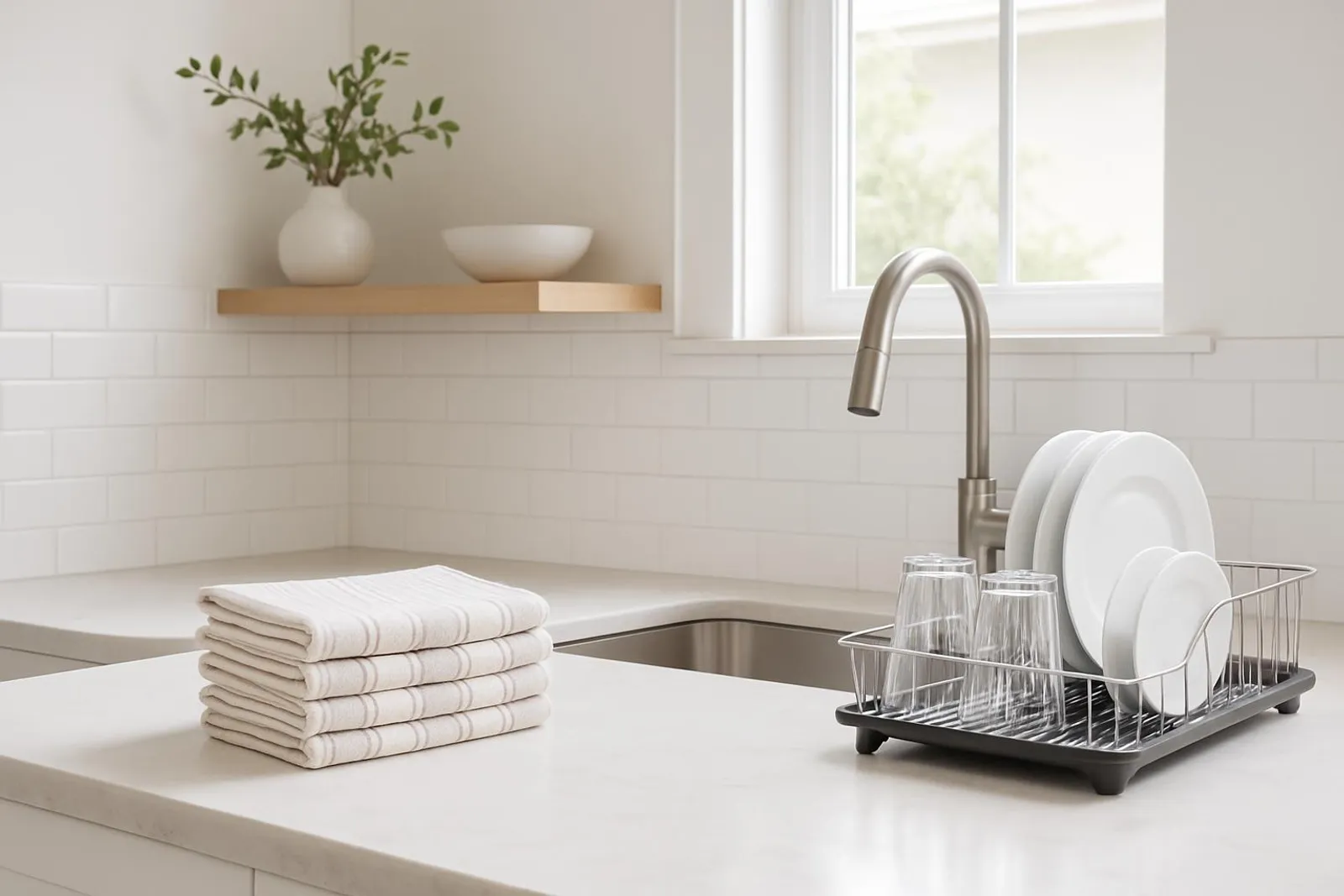 A bright, minimalist kitchen with a tidy towel stack and a drying rack