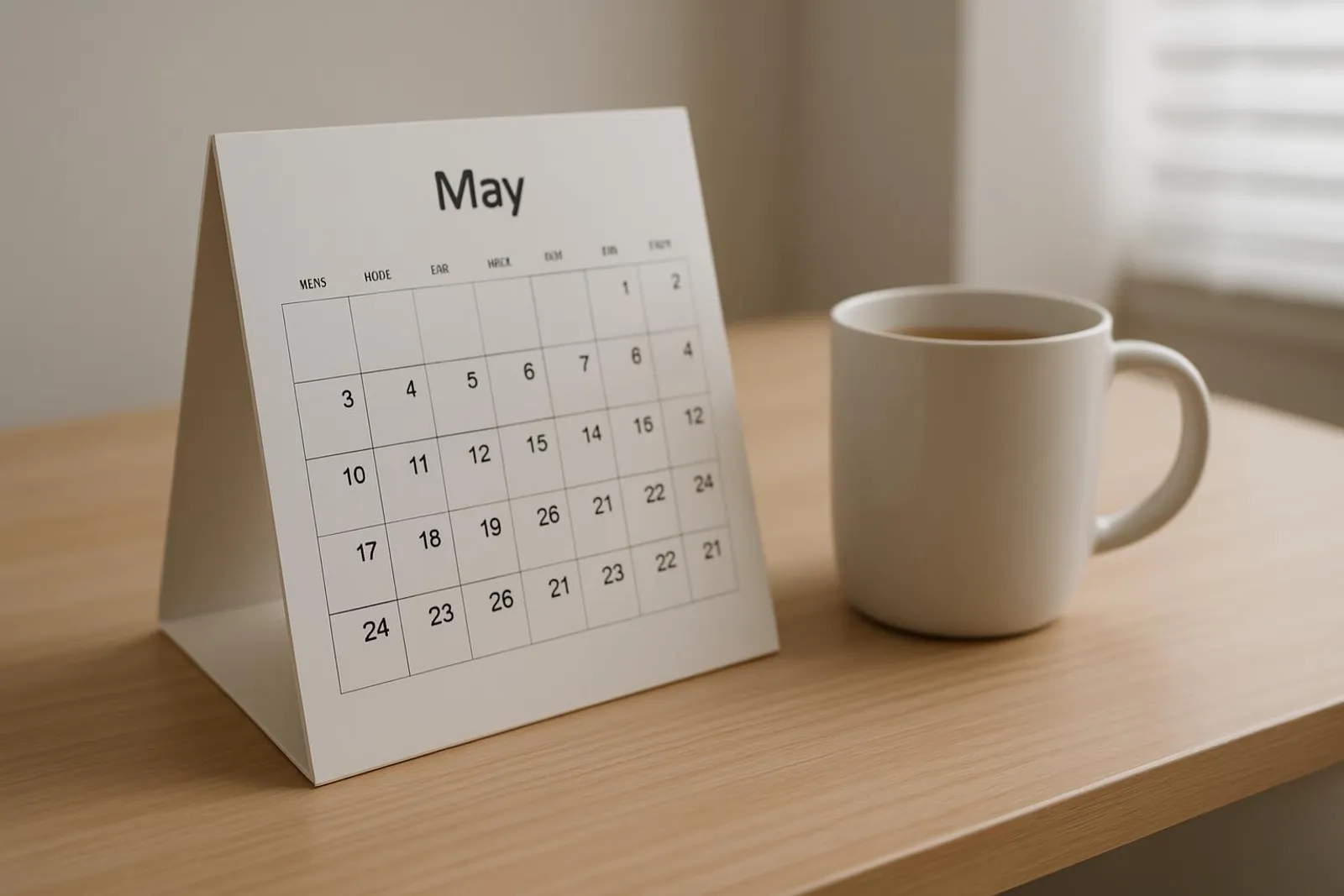 A calendar and coffee mug on a tidy desk, suggesting planned focus.