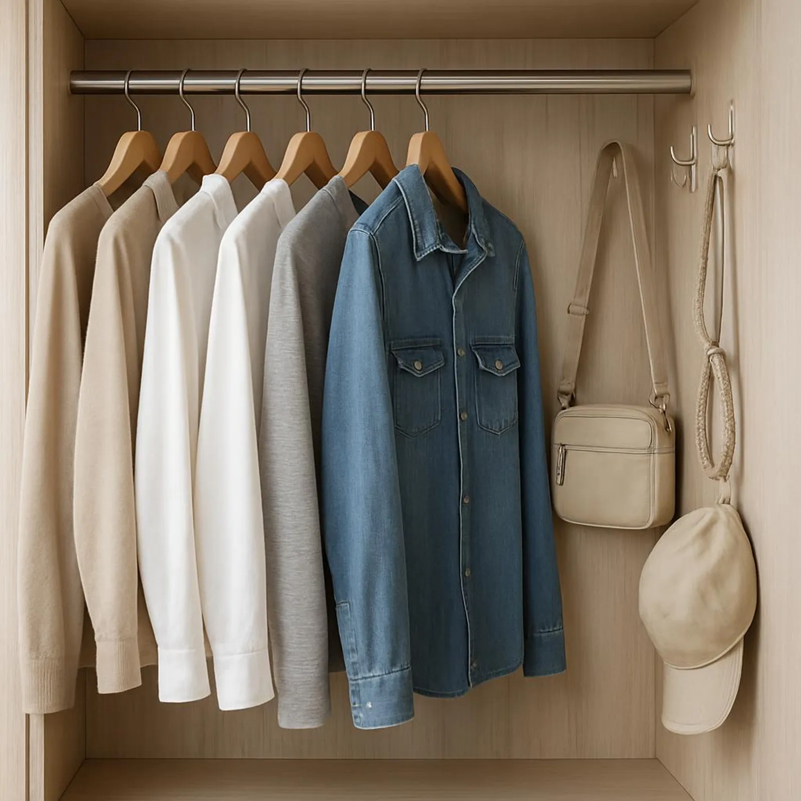 A calm closet scene showing maintenance done right: tidy hangers, clear hooks, and space.