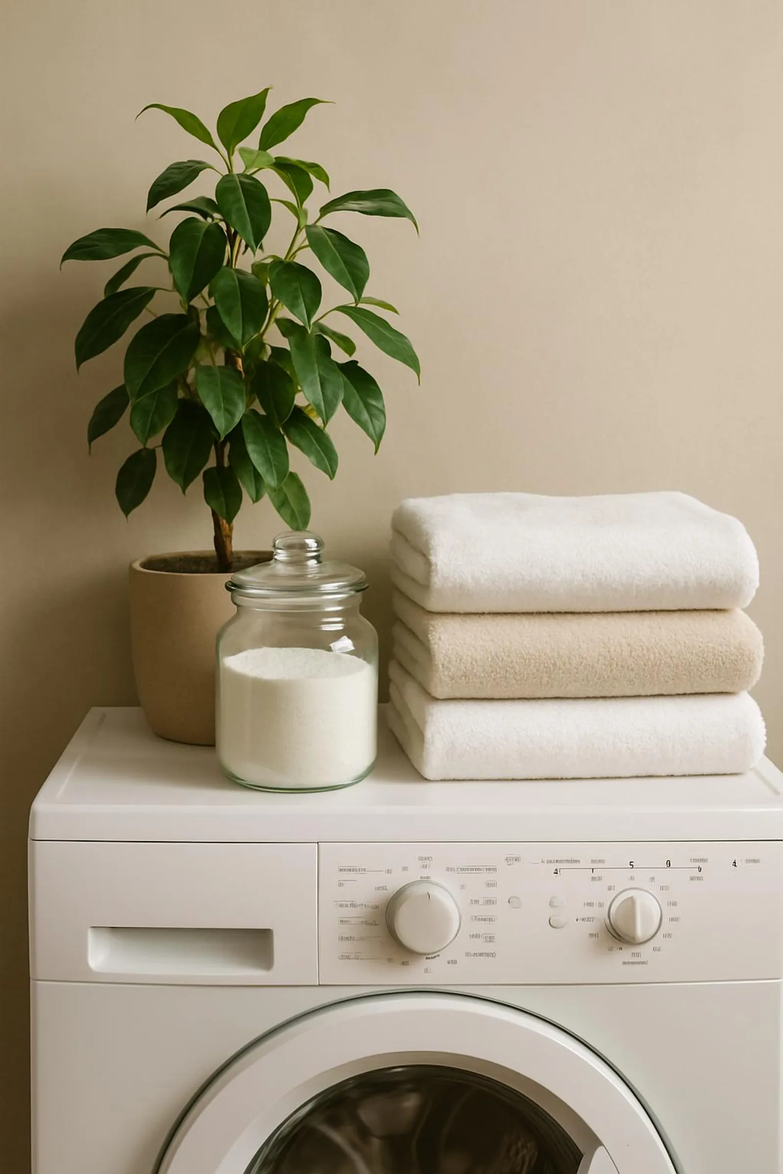 A calm laundry corner with a plant, a jar of detergent, and neatly folded towels.