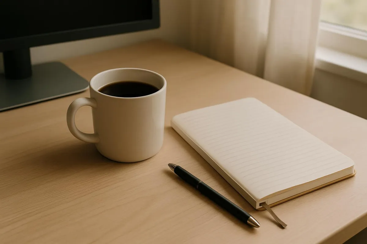 A calm morning desk setup with coffee and a notebook