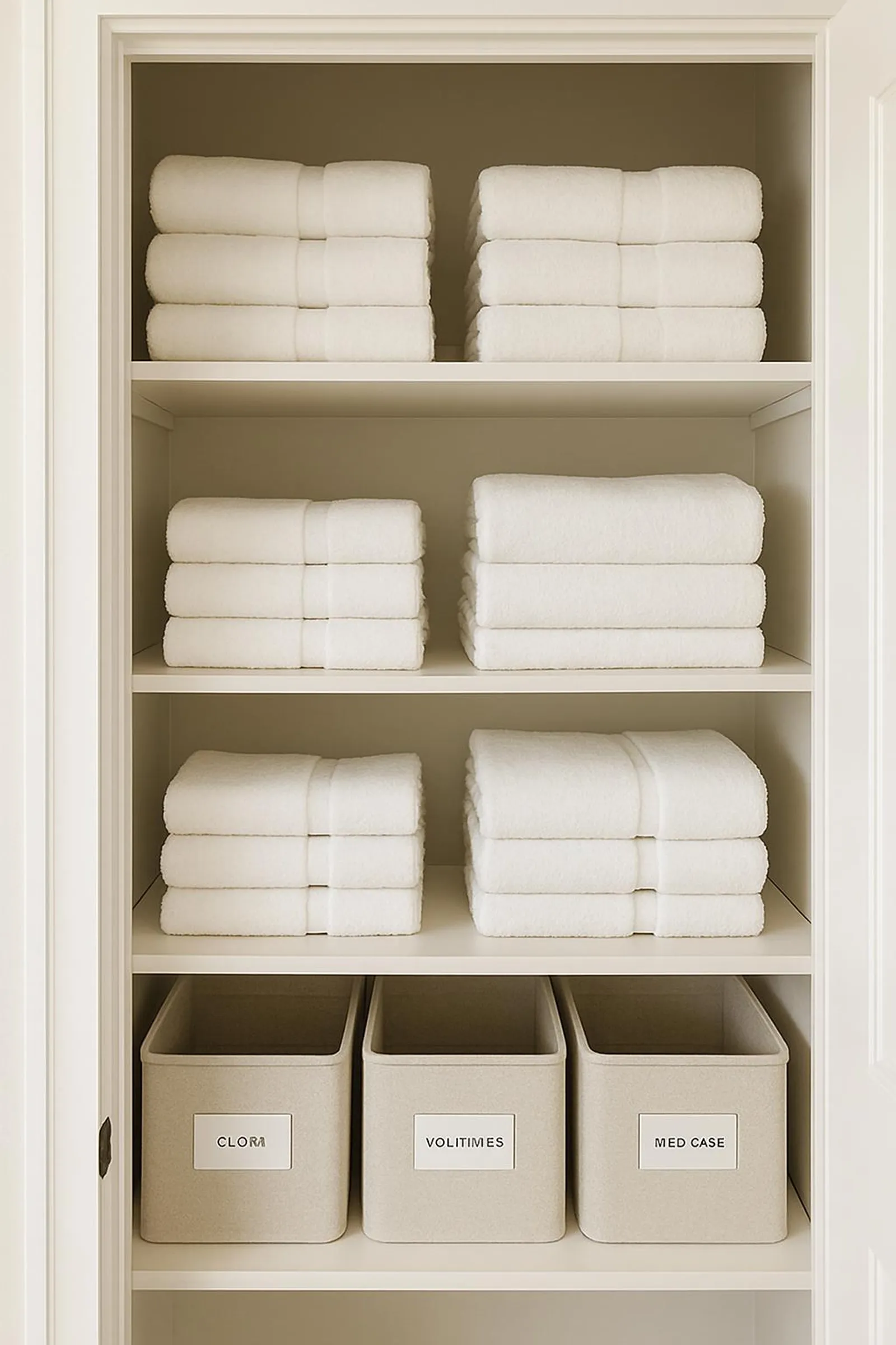 A calm, neatly folded linen closet with white towels and labeled bins