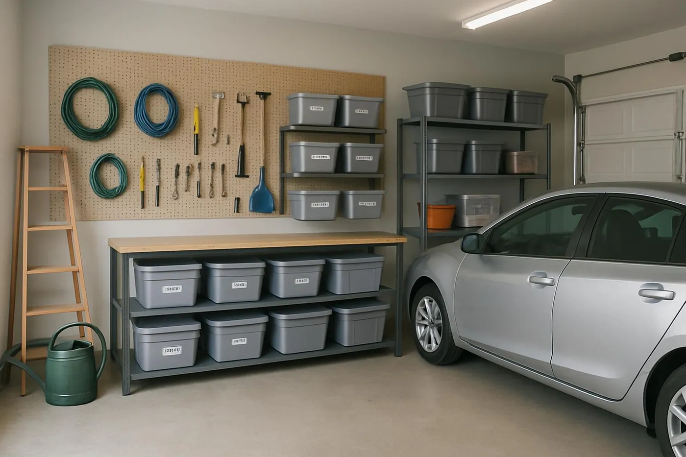 A calm, organized garage with pegboard, labeled bins, and parked car