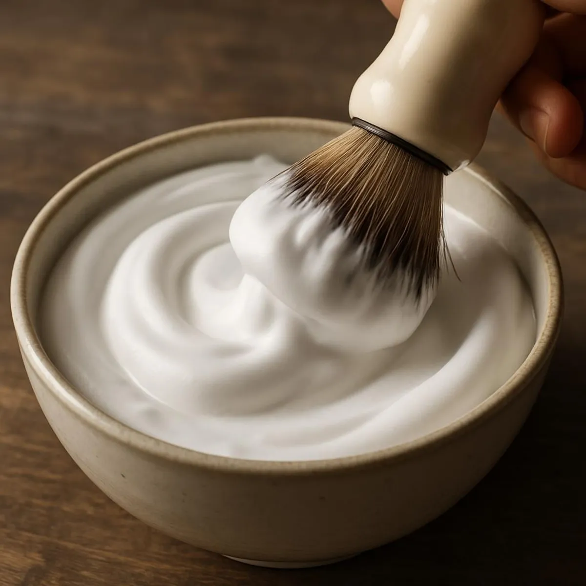 A ceramic bowl filled with glossy shaving lather and a brush