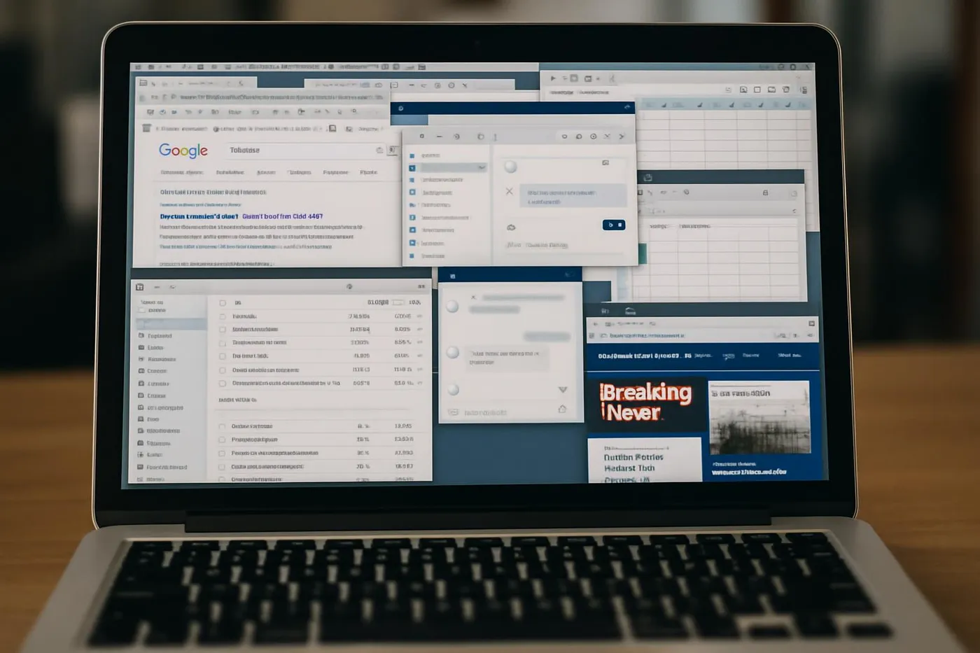 A chaotic laptop screen with many windows and tabs open