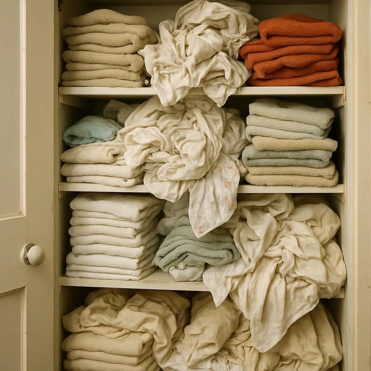 A chaotic linen closet with teetering stacks of towels and exploding sheets
