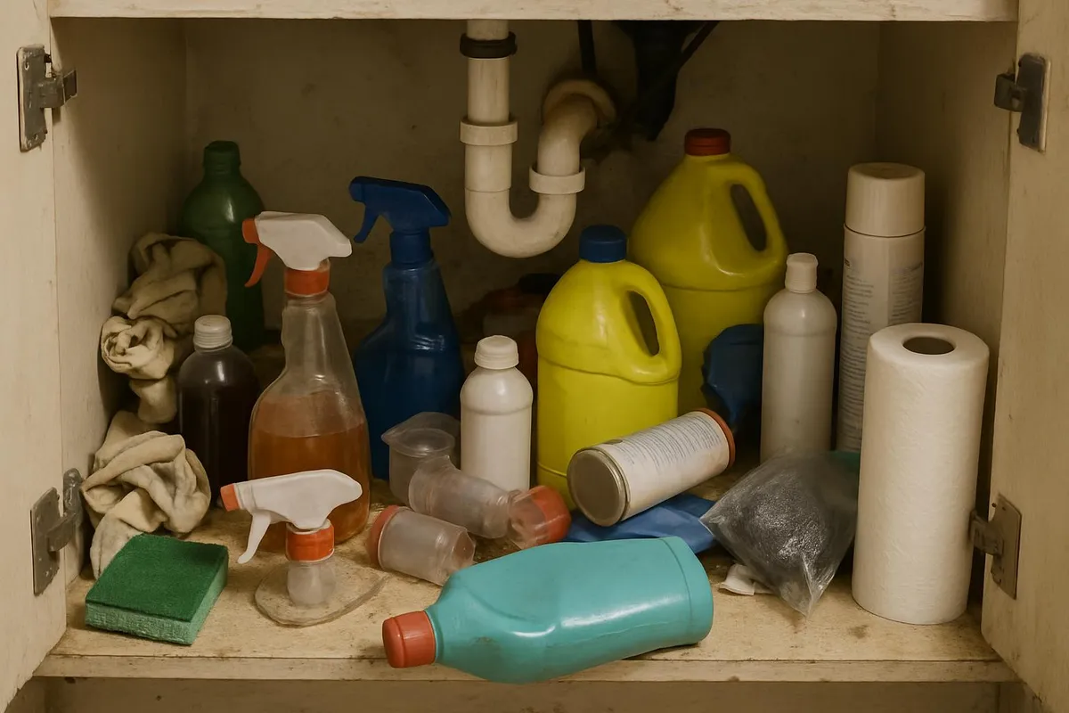 A chaotic under-sink cabinet with random bottles and supplies tossed in