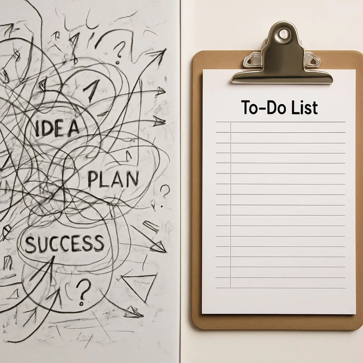 A chaotic whiteboard next to a tidy clipboard, representing chaos to clarity