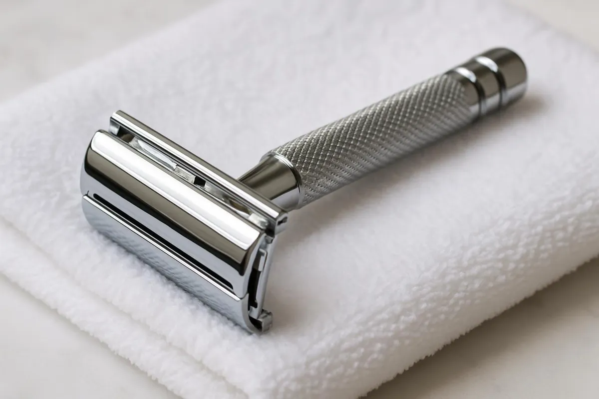 A chrome double-edge safety razor resting on a white towel