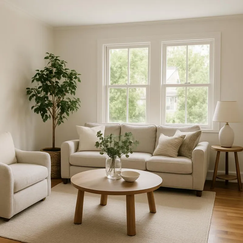 A clean, cozy living room with natural light
