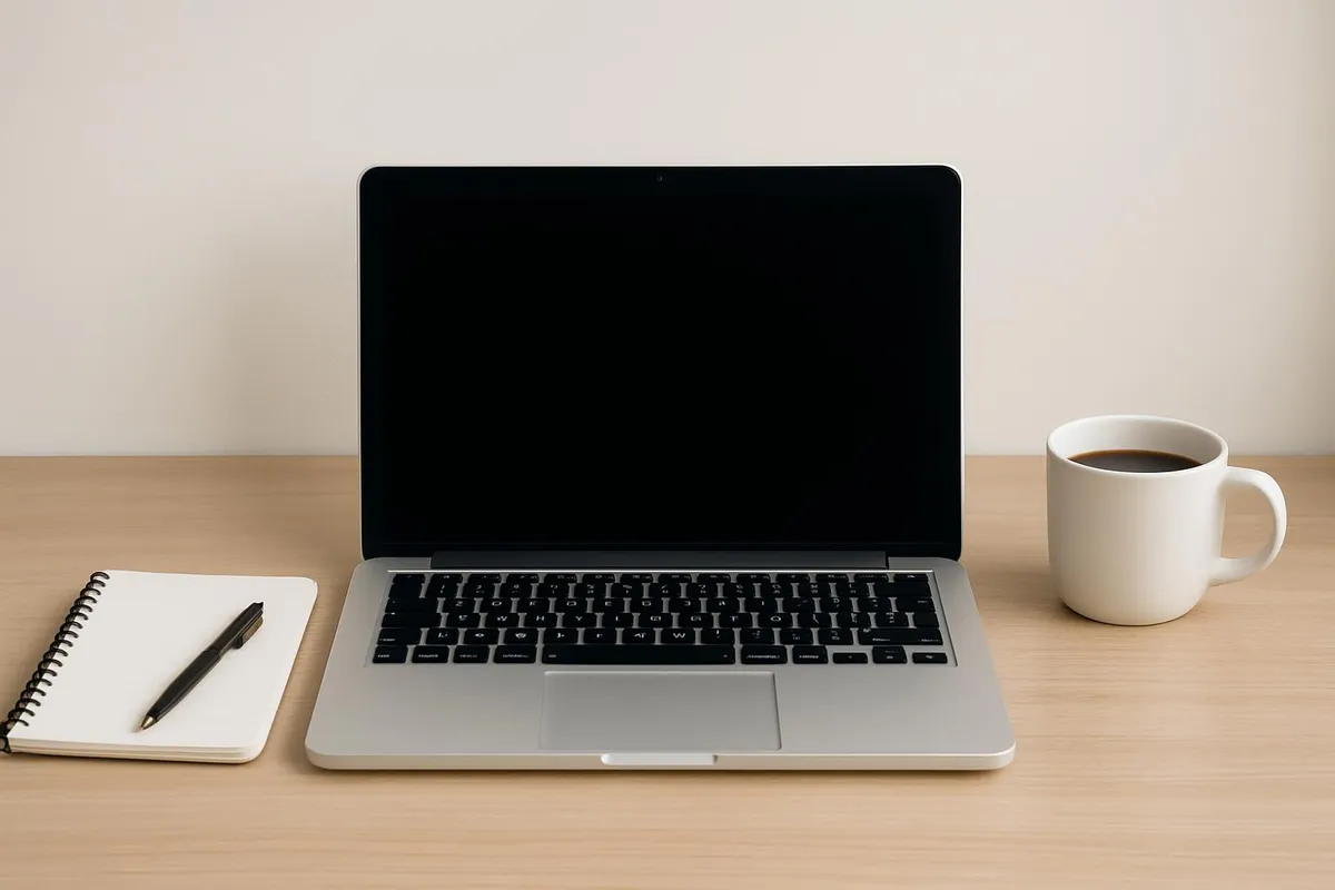 A clean desk with a laptop, notebook, and coffee mug—aka a drama-free command center.