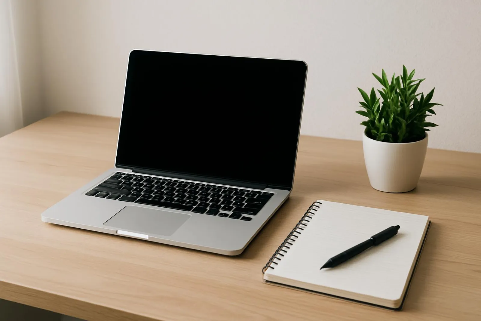 A clean desk with a laptop, notepad, and a small plant—productive vibes only.