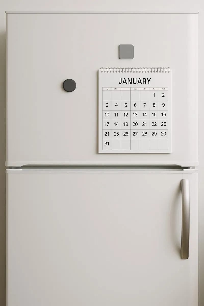 A clean fridge with only one calendar and one magnet