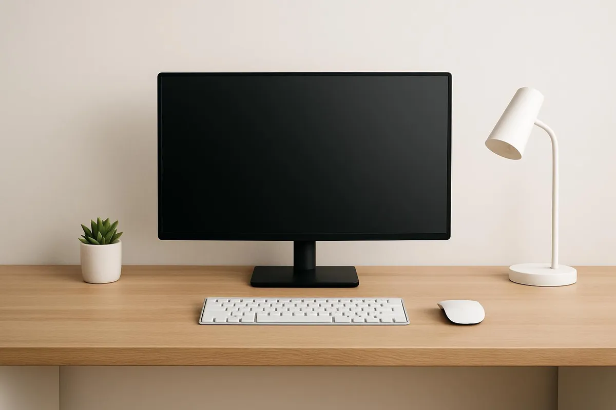 A clean, minimalist desk with hidden cables and a tidy setup