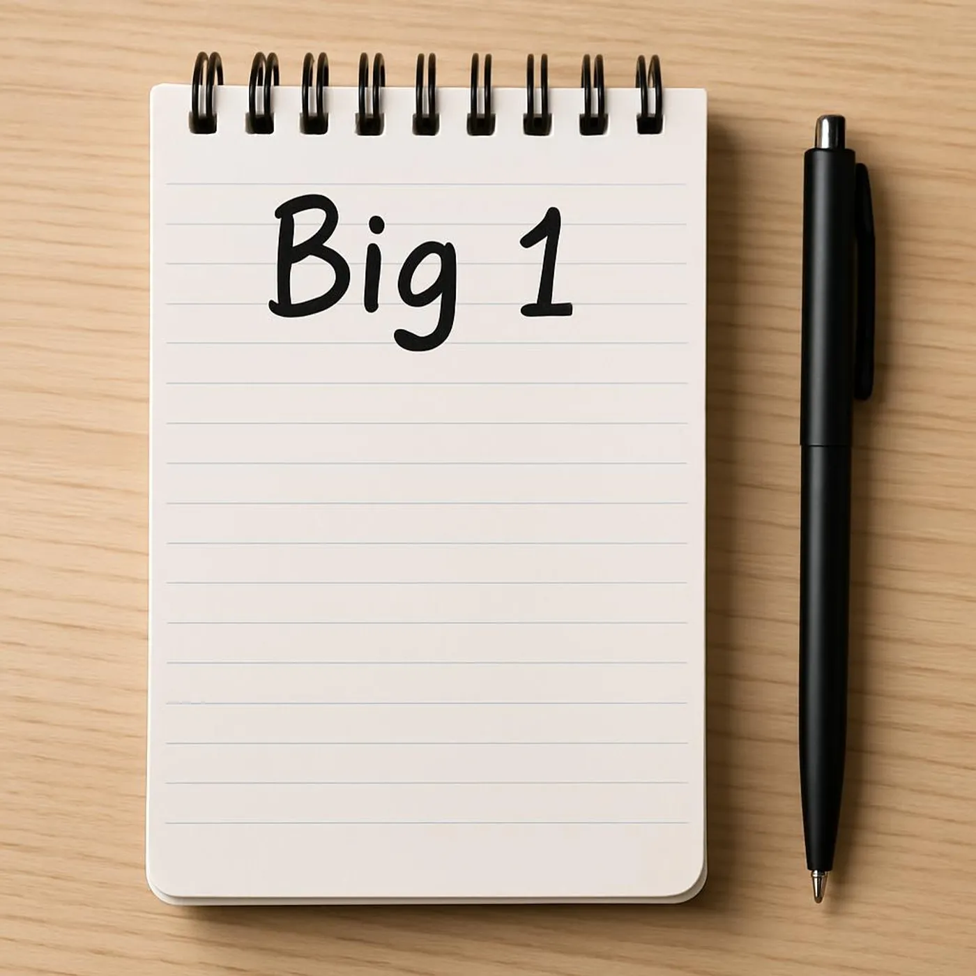 A clean notepad with a pen, the words 'Big 1' at the top of a page.