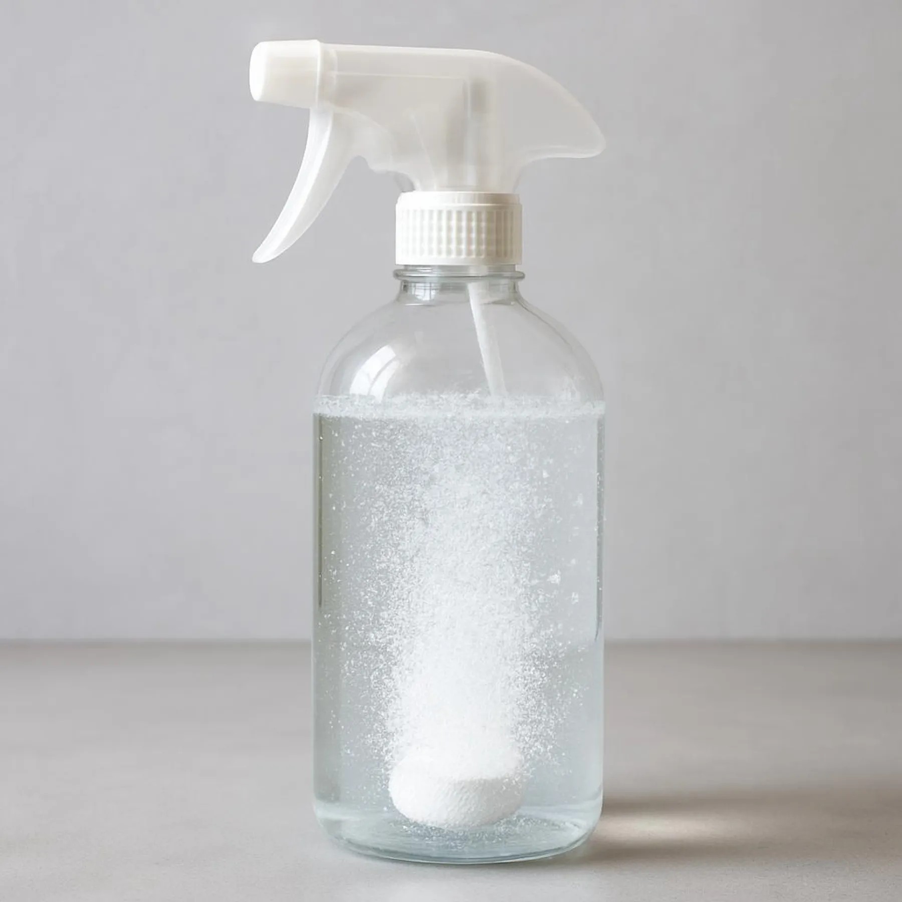 A cleaning tablet fizzing in a clear spray bottle filled with water