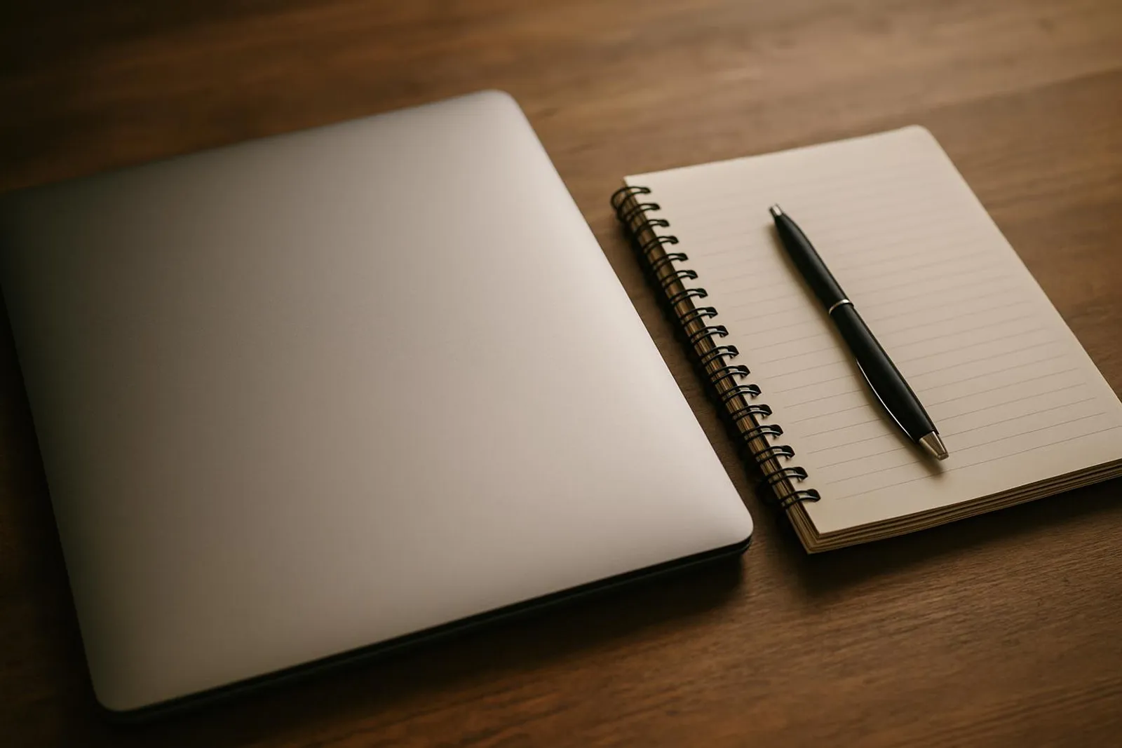 A closed laptop and notebook with a pen, signaling the end of the day and a clean shutdown.
