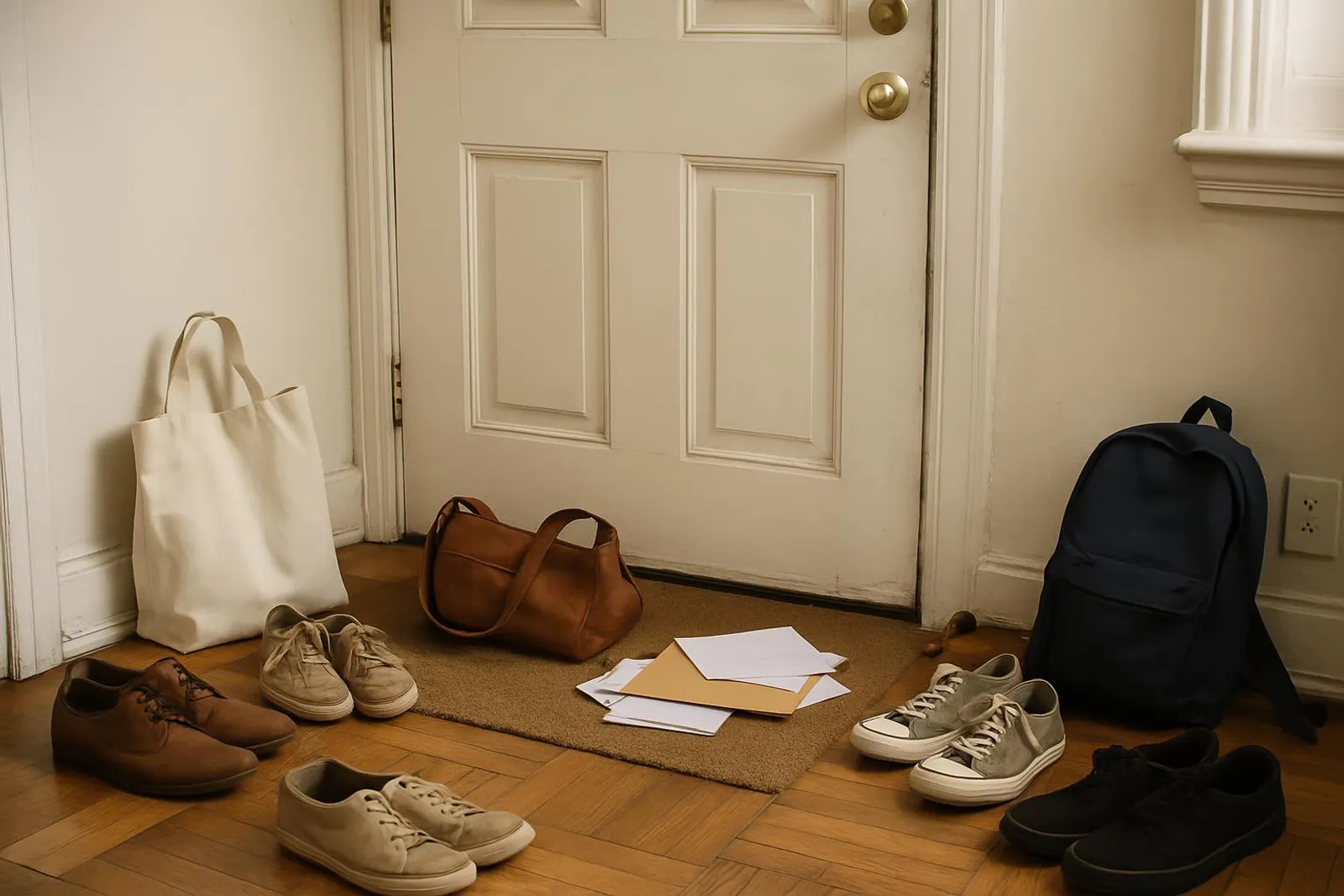 A cluttered entryway with shoes, bags, and mail scattered by the door