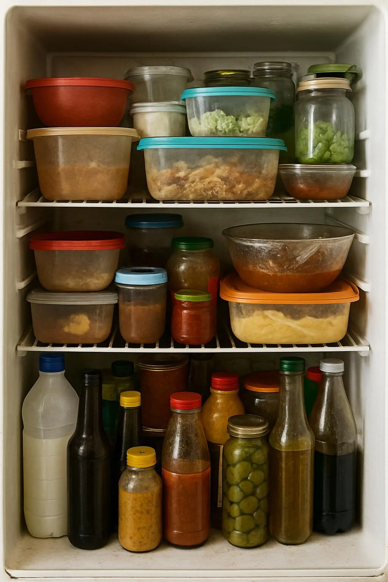 A cluttered fridge crammed with containers and bottles, begging for a purge.