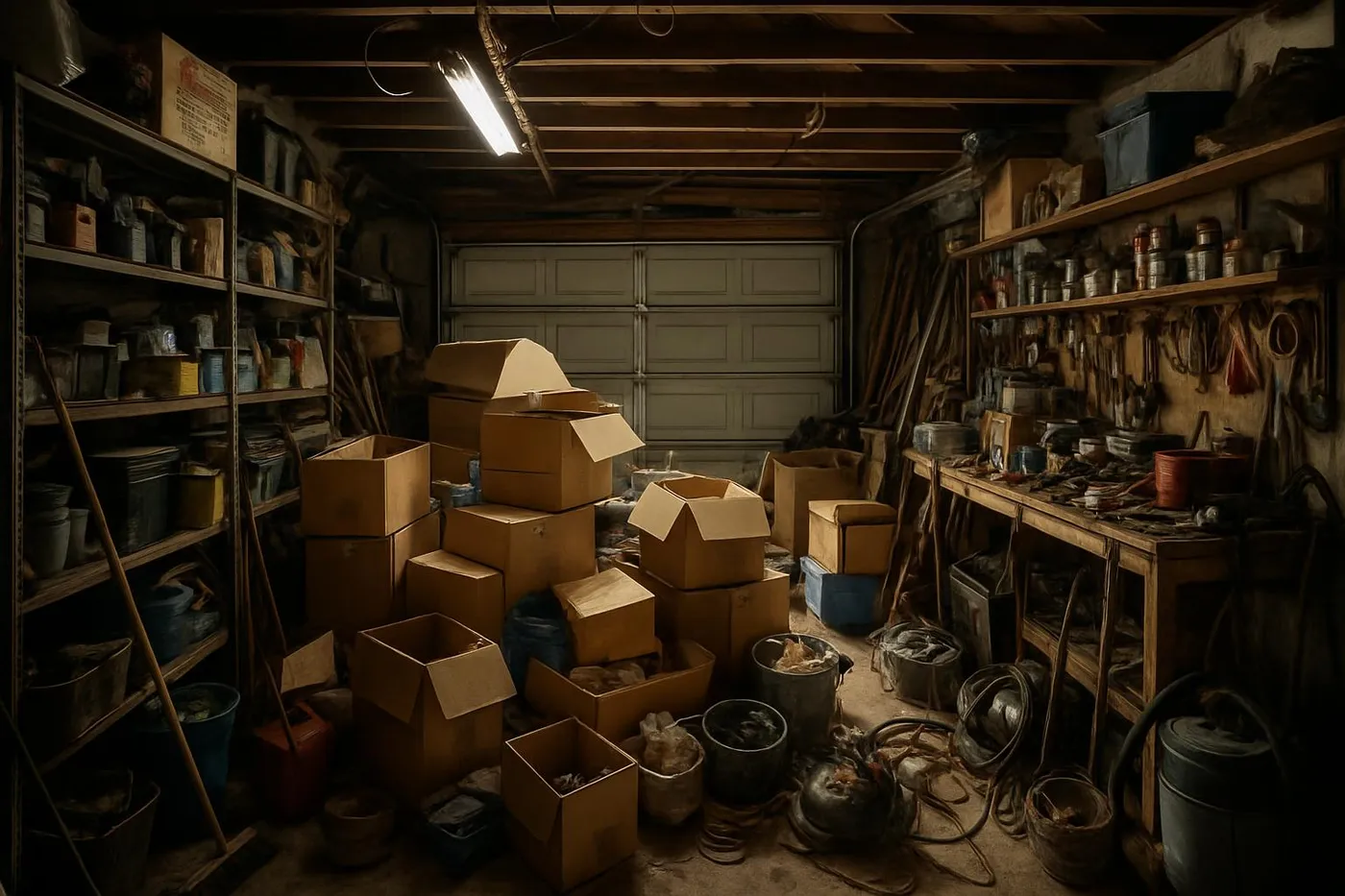 A cluttered garage filled with boxes, tools, and random items piled everywhere
