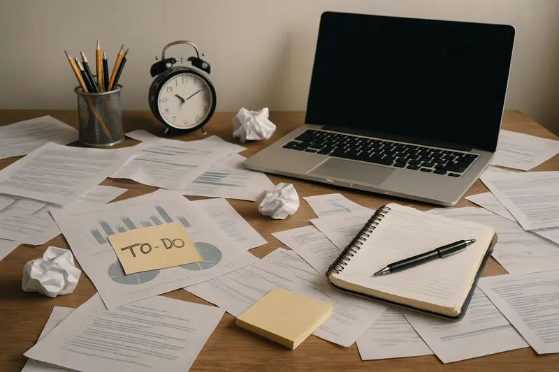 A cluttered workspace representing unfinished tasks