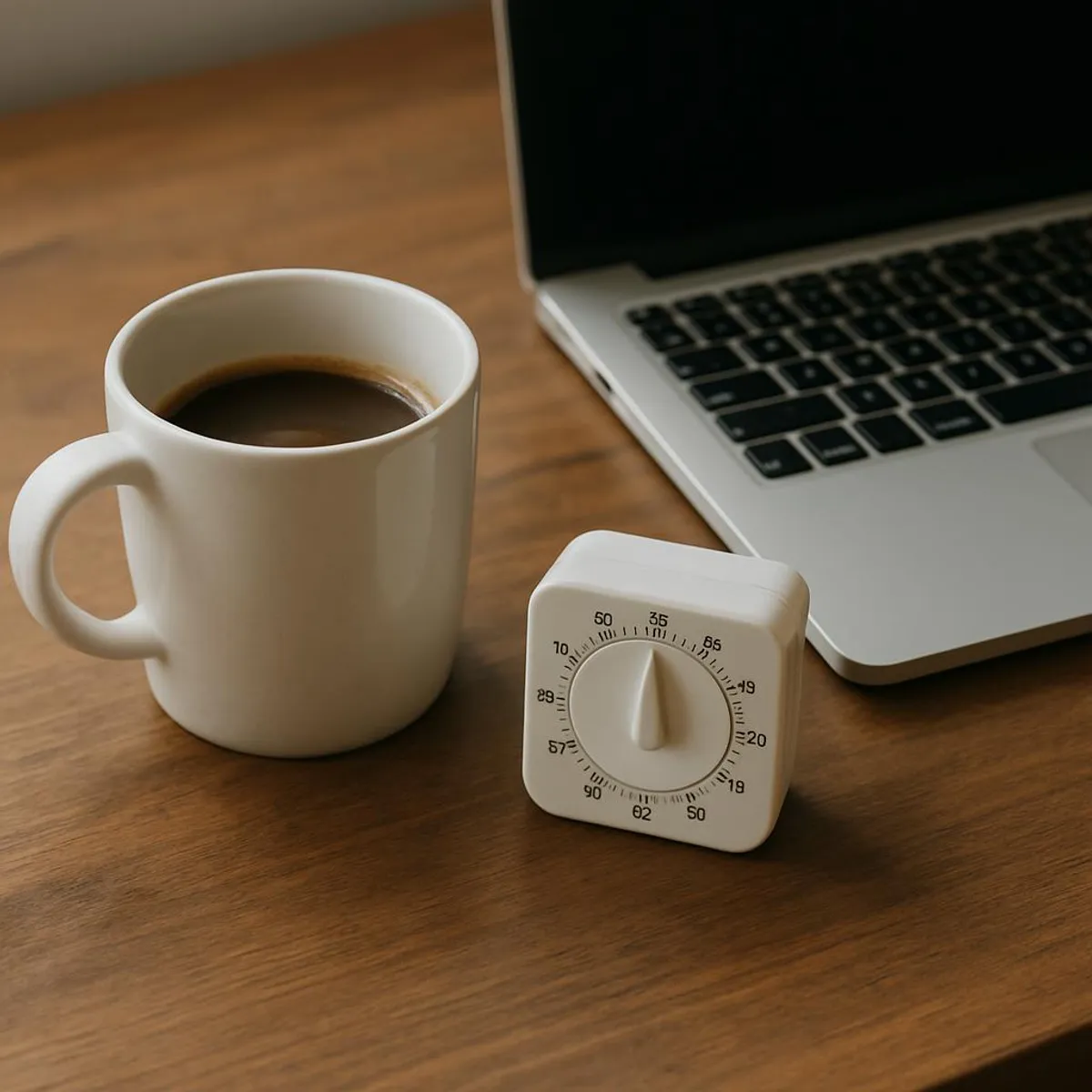 A coffee cup next to a laptop and a small timer on a wooden desk