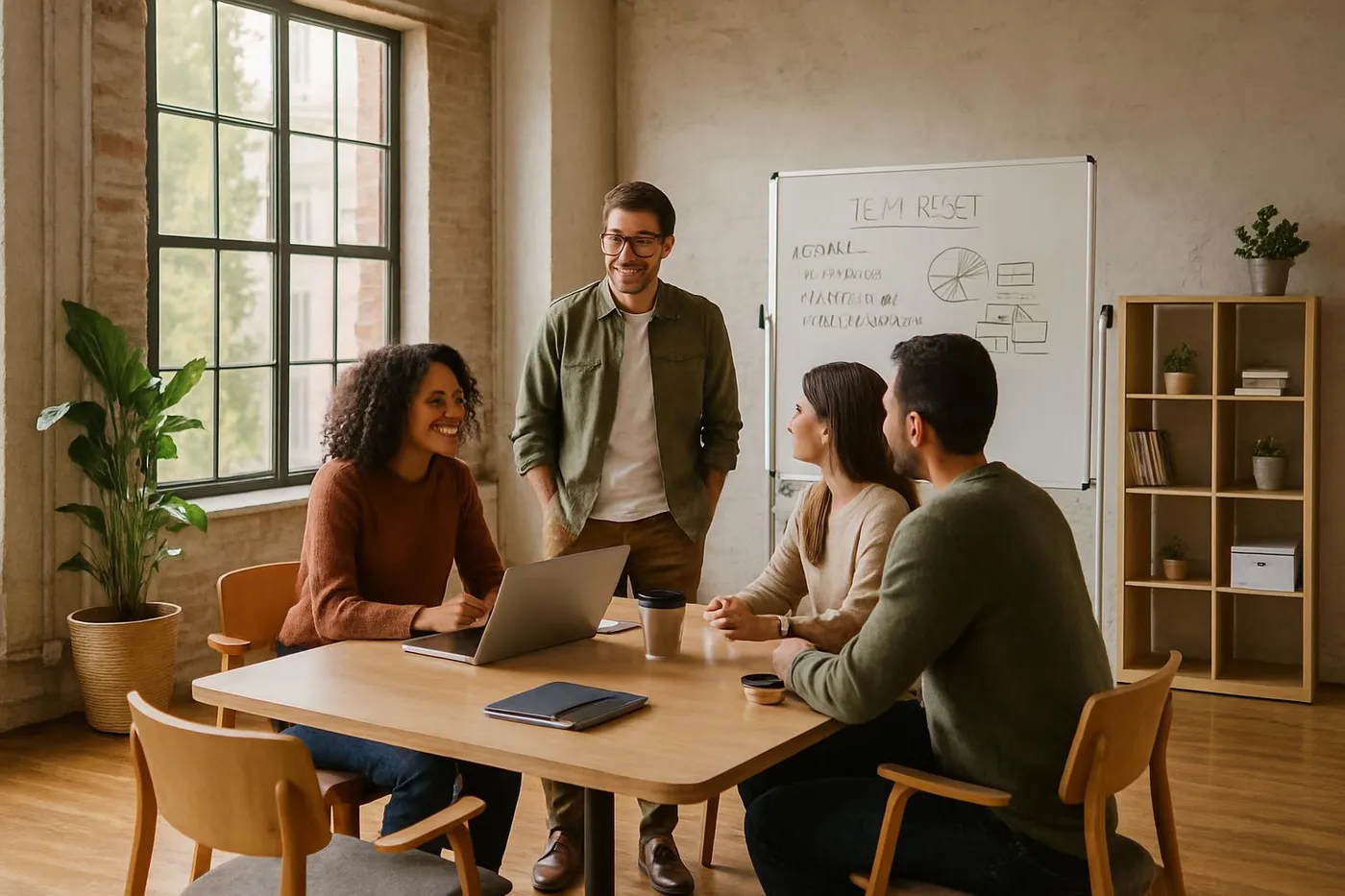 A collaborative workspace with natural light—ready for a quick team reset.