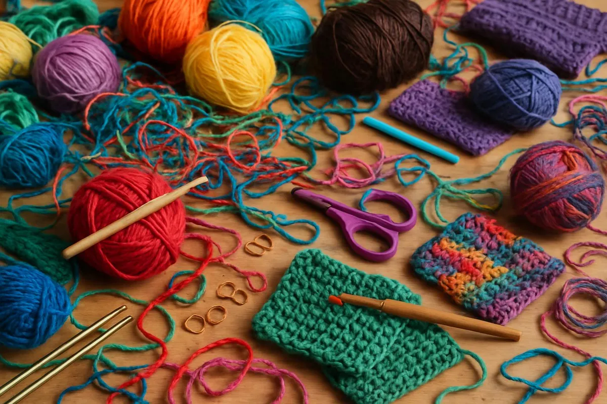 A colorful, chaotic craft table with yarn and tools everywhere