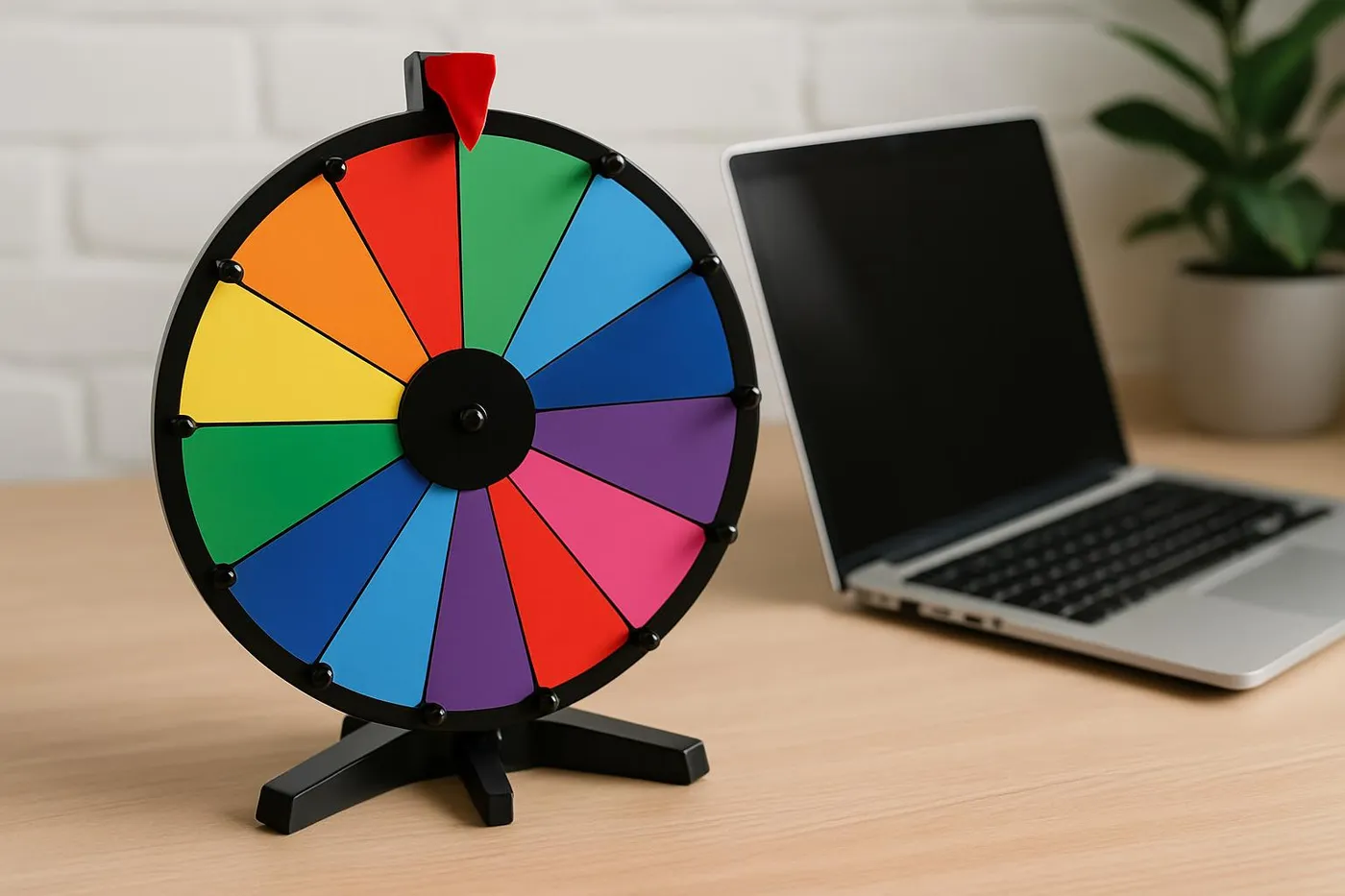 A colorful spinner wheel on a desk next to a laptop