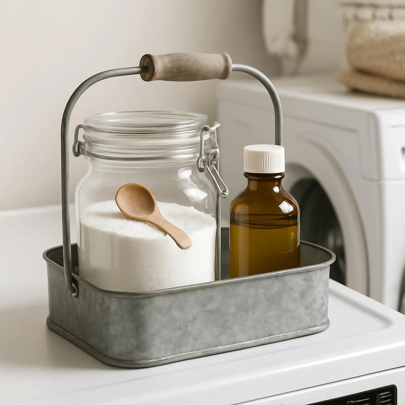 A compact laundry caddy with a jar of powder, a small bottle of concentrate, and wooden scoop.