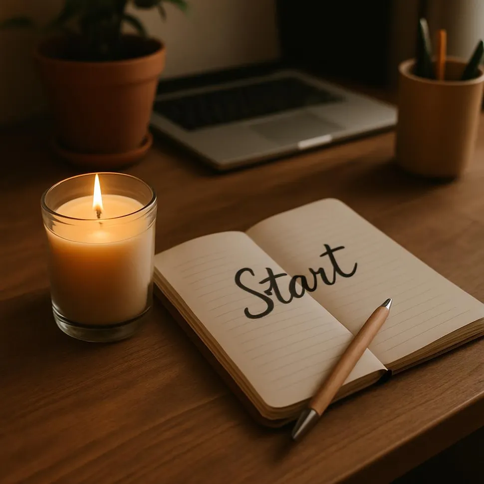 A cozy desk with a candle and a notebook signaling a start ritual