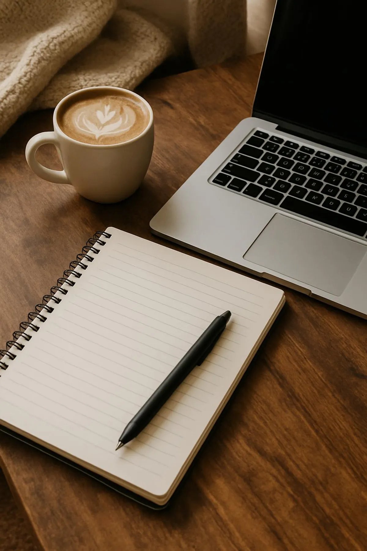 A cozy desk with a notebook, coffee, and laptop ready for planning