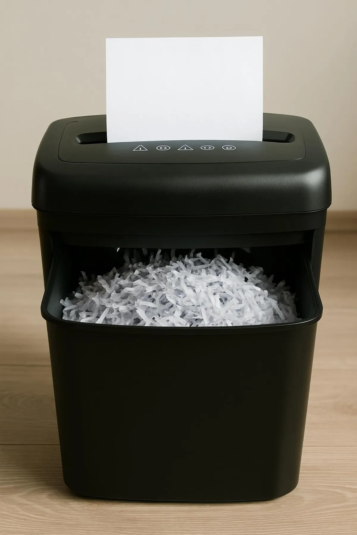 A cross-cut shredder with shredded paper