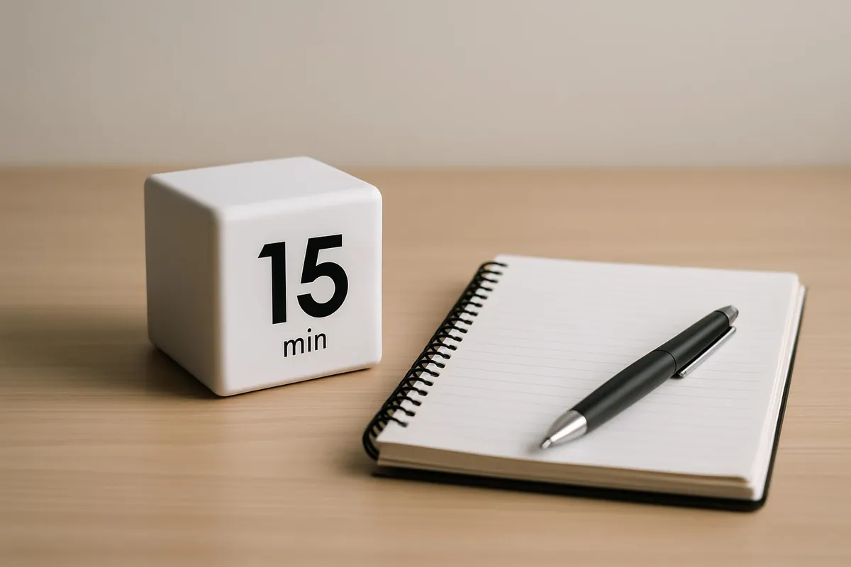 A cube timer and notebook on a clean desk