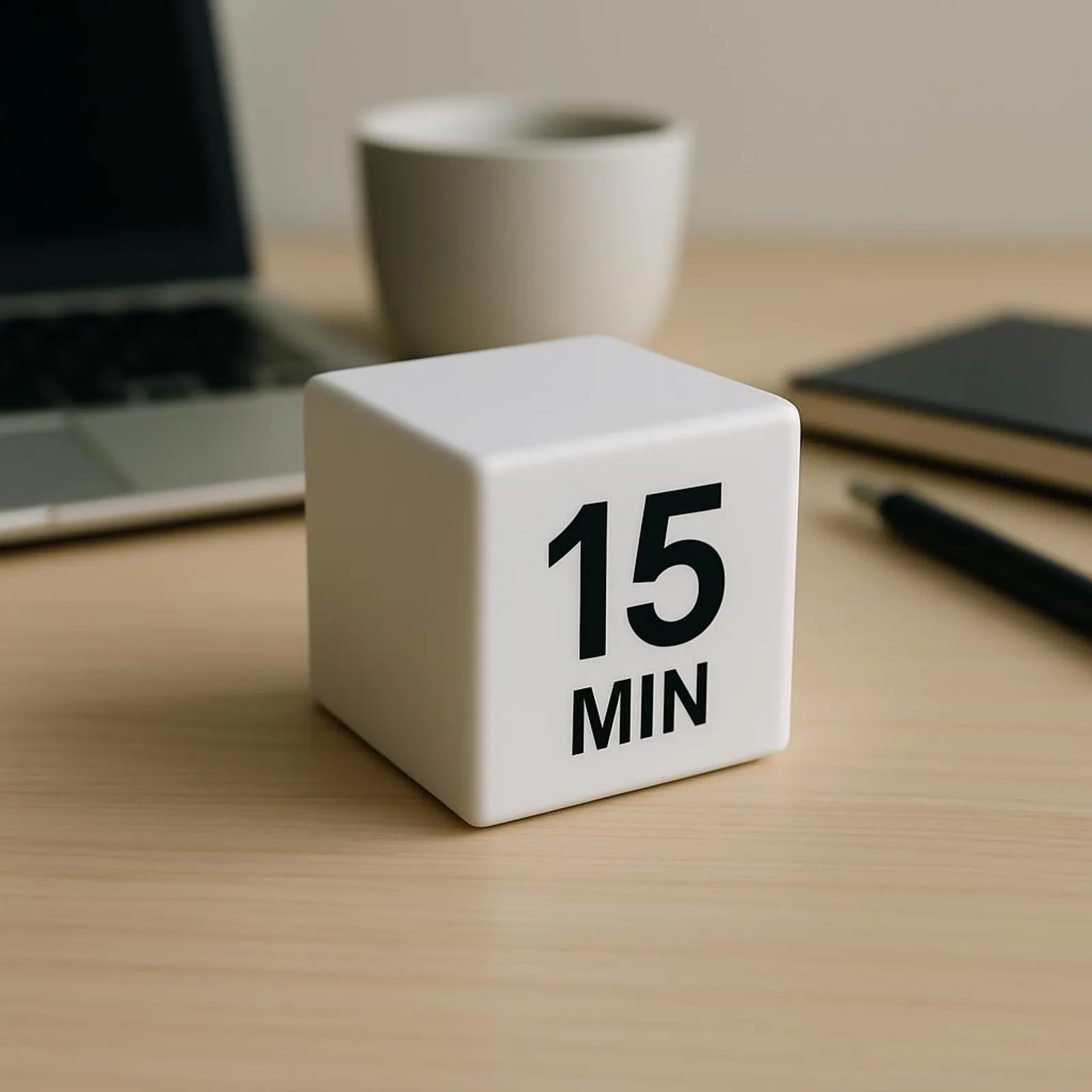 A cube timer on a clean desk signaling a short and focused timebox.