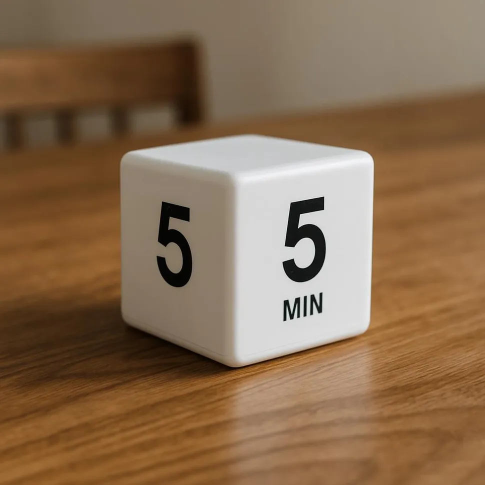 A cube timer on a wooden table