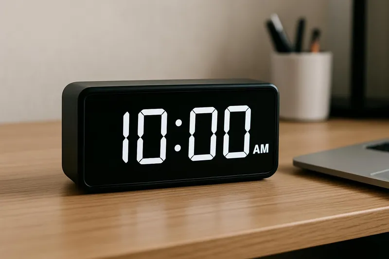 A digital clock on a desk showing 10:00am