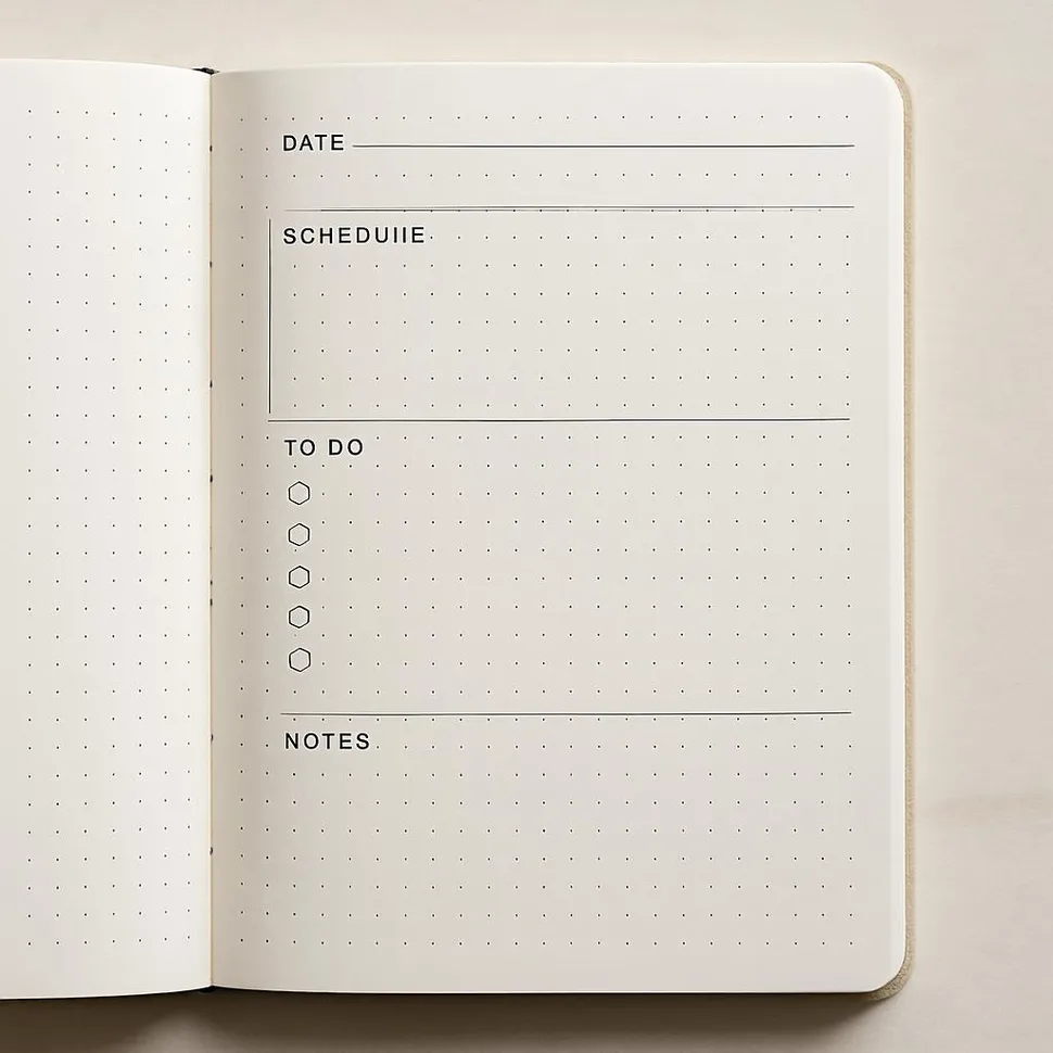 A dotted notebook with a simple daily layout.