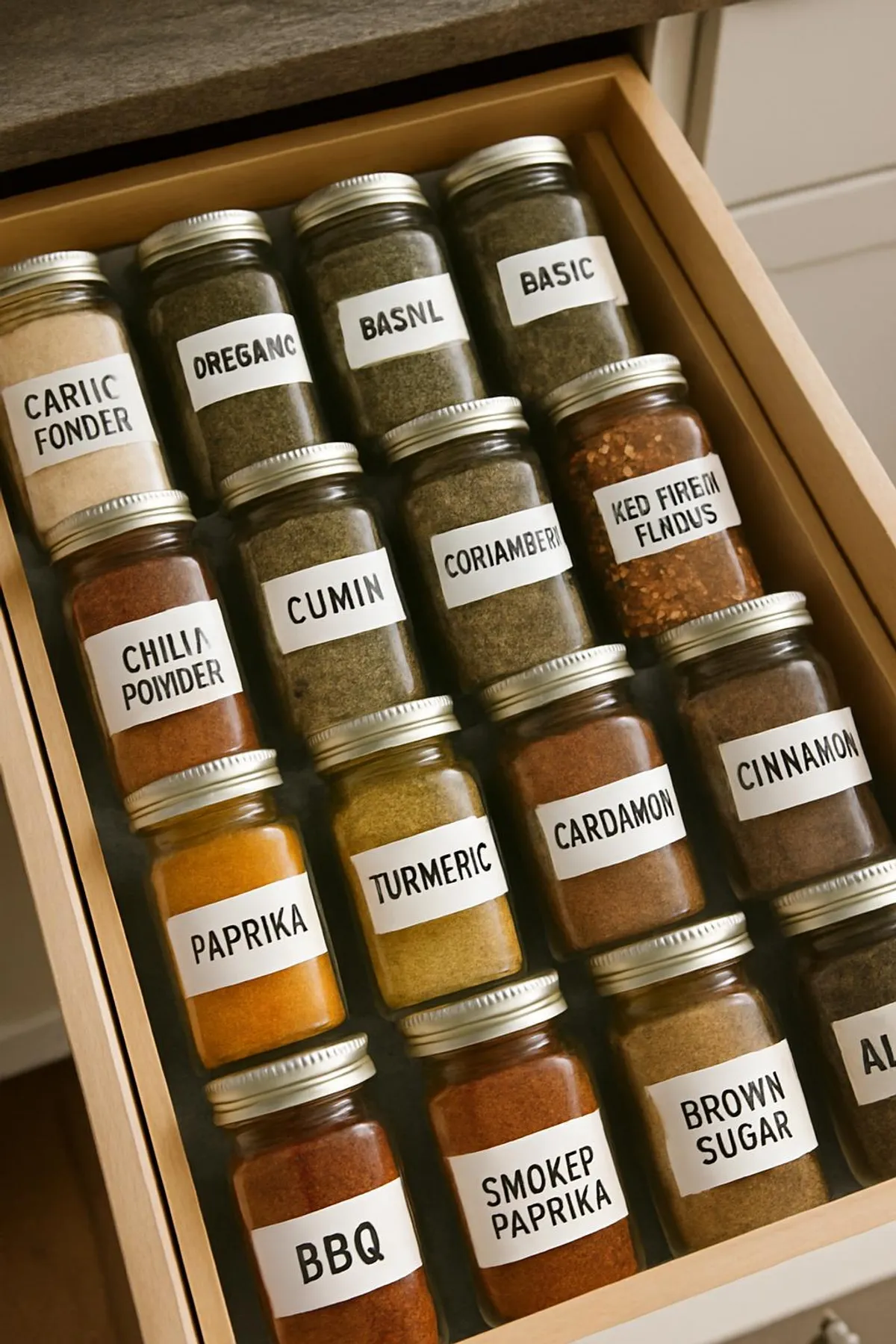 A drawer organizer with spices grouped by cuisine in neatly labeled jars
