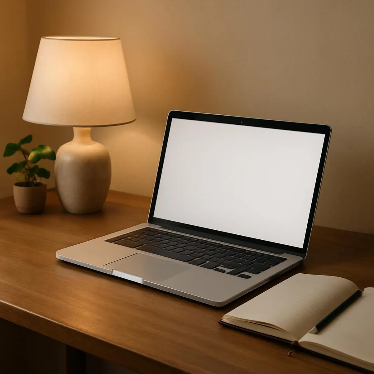 A gently lit workspace with a laptop and notebook