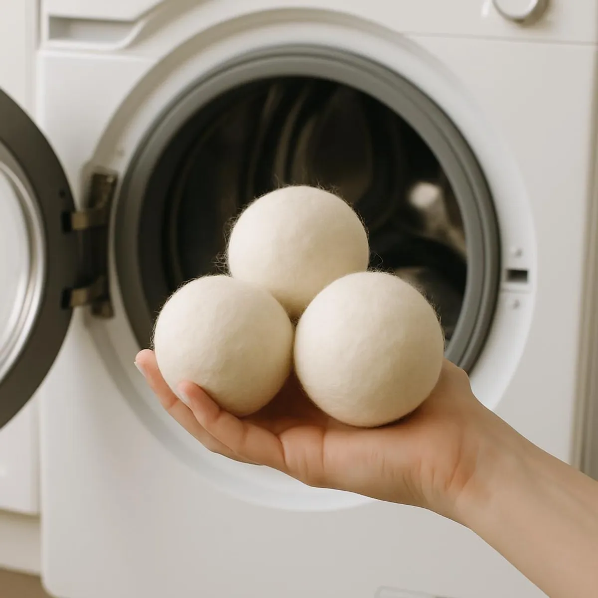 A hand holding wool dryer balls near a washing machine