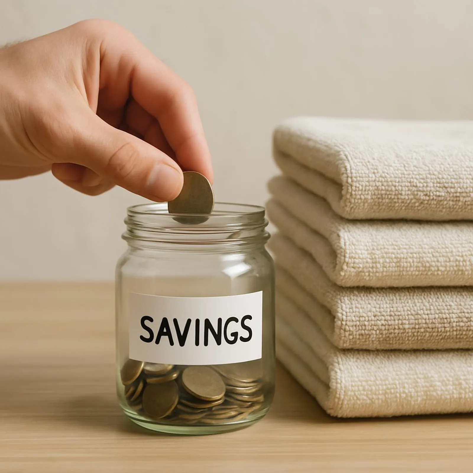 A hand placing a coin in a glass jar labeled Savings next to a stack of reusable towels