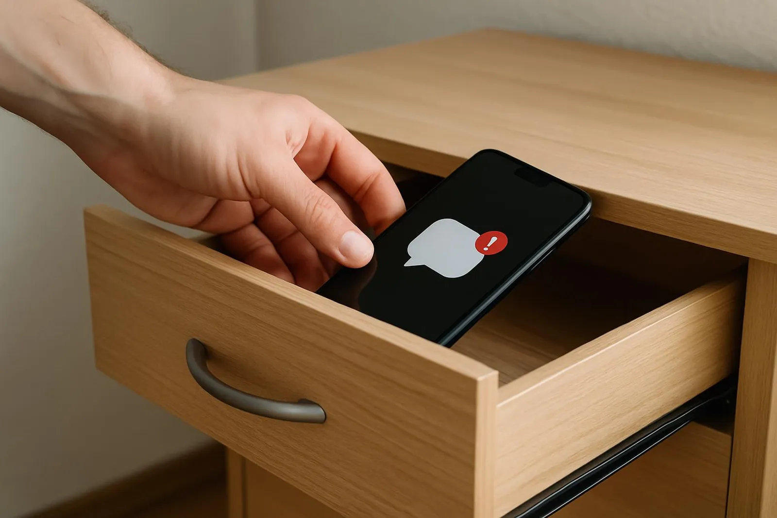 A hand placing a phone into a drawer, symbolizing control over notifications.